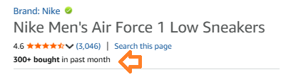 Amazon listing header for Nike Men's Air Force 1 Low Sneakers showing 4.6 stars, 3,046 ratings, and the line 300+ bought in past month.