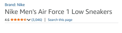 The same Amazon listing header for Nike Men's Air Force 1 Low Sneakers, showing 4.6 stars and 3,046 ratings, with no bought-in-past-month line at all.